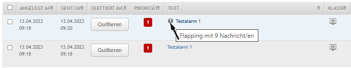 Beim zweiten erstellten Alarm wird das Ausruf-Icon visuell angezeigt und damit der Flapping-Status angezeigt. Fährt man mit der Maus über das Icon wird mittels Text-Box angezeigt, wie viele Statusänderungen registriert worden sind (die totale Anzahl kann erst angezeigt werden sobald der Flapping-Status nicht mehr aktiv ist).