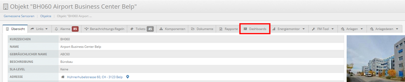 Dashboard Objektmenu