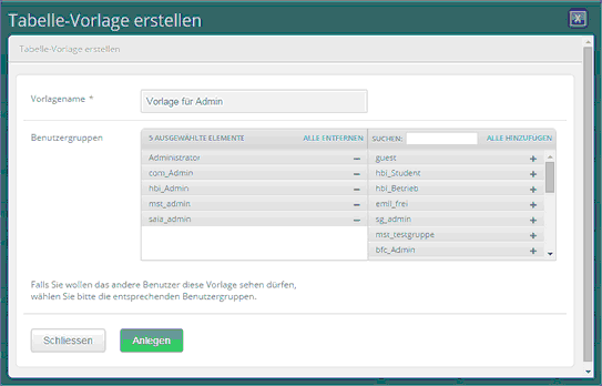 Spaltenvorlage speichern
