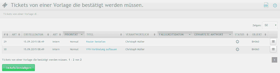 Tickets-Kontainer bestätigen