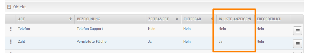 EAV Felder müssen "in Liste anzeigen" haben, damit sie in der Liste auftauchen